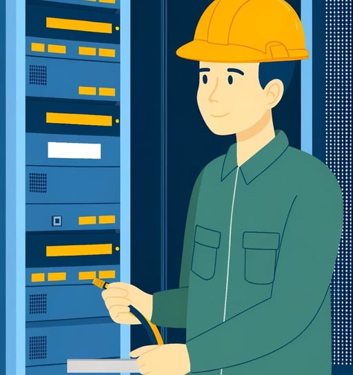 Techniker mit Sicherheitshelm arbeitet am Server im Rechenzentrum-1